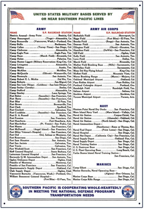 Tin Sign Southern Pacific Military Bases 1941